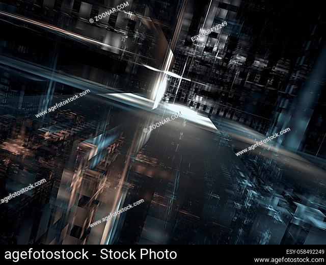Abstract gloomy background. Empty street of futuristic city. Science fiction or virtual reality theme. Computer-generated 3d illustration