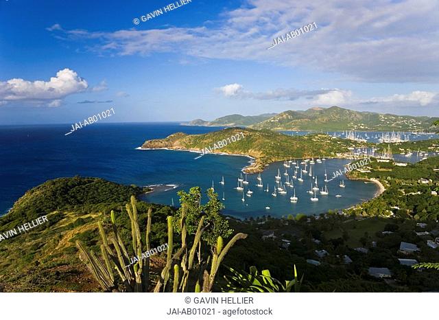 Caribbean, Antigua, English Harbour from Shirley Heights looking towards Nelson's Dockyard