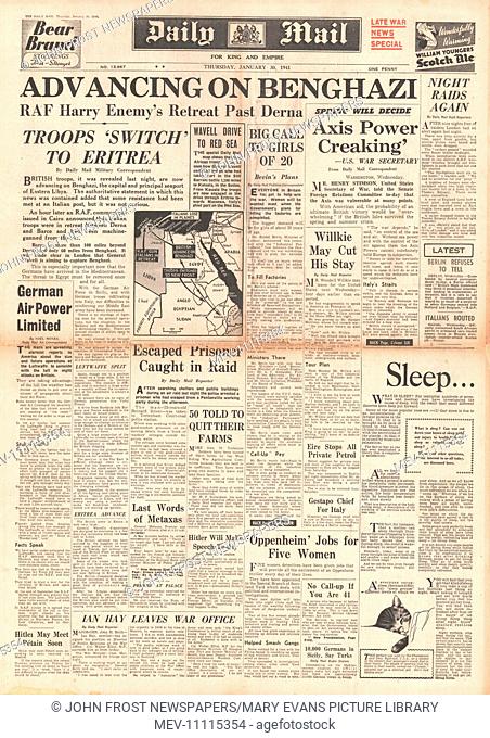 1941 front page Daily Mail British Forces advance on Benghazi