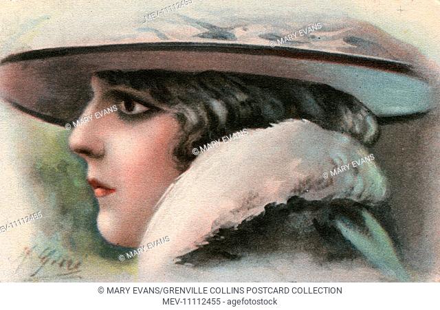 A full-face postcard depiction of a young Italian girl in profile
