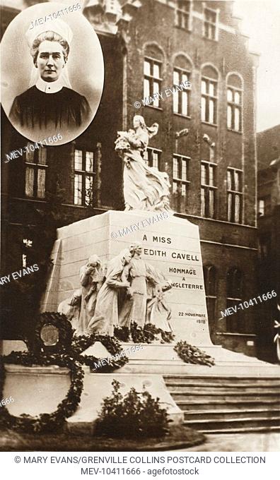 Belgian monument in Brussels to honour England and British volunteer nurse Edith Cavell who was tried and shot by occupying German forces on 12th October 1915