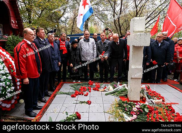 RUSSIA, NOVOSIBIRSK - OCTOBER 4, 2023: KPRF leader Gennady Zyuganov (L) is seen at the Elevation of the Holy Cross Chapel during a rally by the Russian...