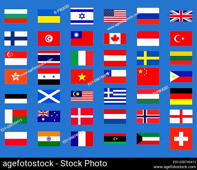 Collection of national official flags of the world. Vector illustration of a group of colored elements