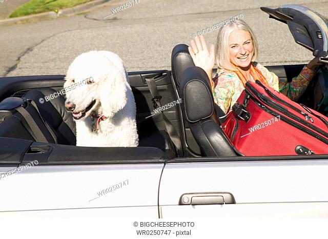Woman waving in convertible