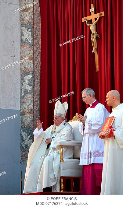 Pope Francis celebrates the Holy Mass in the churchyard of Santa Maria Consolatrice in the Roman suburban neighborhood of Casal Bertone for the Solemnity of the...