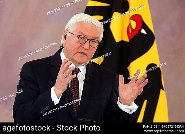 11 February 2021, Berlin: Federal President Frank-Walter Steinmeier gives a speech at Bellevue Palace on the subject of ""Industry and climate protection using...