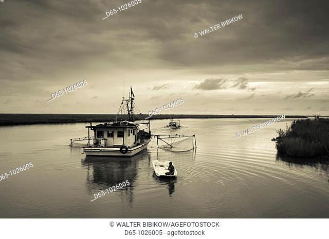 USA, Louisiana, Dulac, bayou fishing boat by Lake Boudreaux