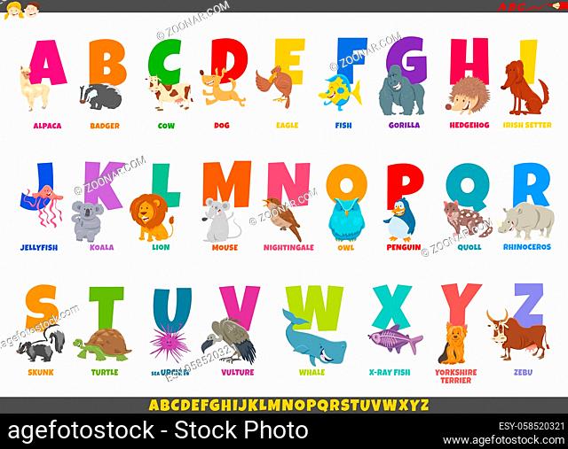 Cartoon Illustration of Colorful Full Alphabet Set with Funny Animal Characters and Captions