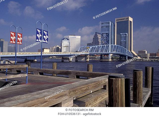 Jacksonville, skyline, FL, Florida, View of skyline of Jacksonville and Main Street Bridge from Riverwalk on the St. Johns River
