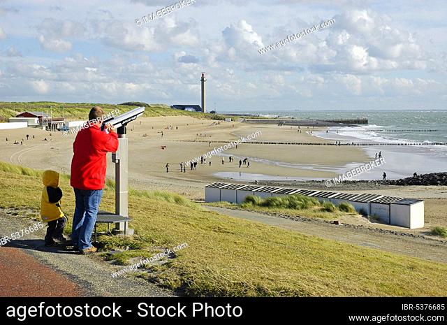 Tourists at telescope, beach, Westkapelle, telescope, Walcheren peninsula, Zeeland, Netherlands, Zeeland, viewpoint