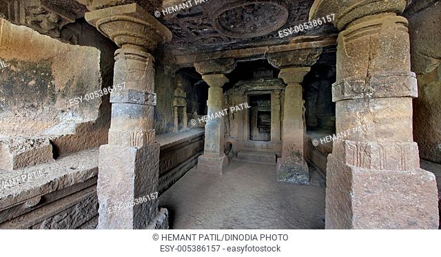 Inside view of sabha mandapa showing partial view of garbha griha of cave number nineteen Panhale Kazi caves ; Konkan ; Maharashtra ; India