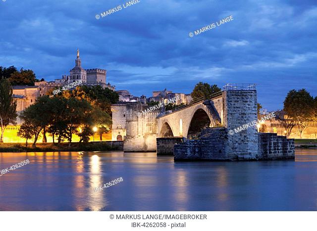 Bridge St. Benezet over the Rhone with Notre Dame des Doms and the Popes' Palace, UNESCO World Heritage Site, Avignon, Provence, Provence-Alpes-Cote d'Azur