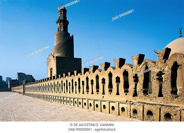 The minaret (13th century) seen from the terrace of the Mosque of Ahmad Ibn Tulun (9th century), Cairo, Egypt