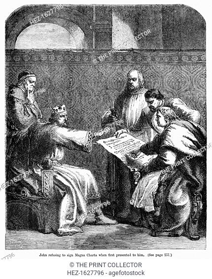 King John (1167-1216) refusing to sign the Magna Carta when first presented to him, 1215. The Magna Carta was the most significant early influence on the...