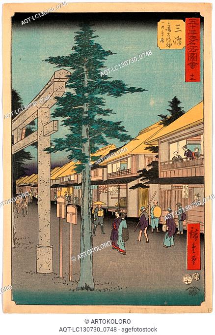 Mishima, Ando, Hiroshige, 1797-1858, artist, 1855., 1 print : woodcut, color ; 36.4 x 24.5 cm., Print shows travelers and residents at the shrine and inns at...