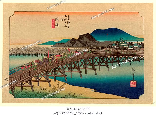 Okazaki, Ando, Hiroshige, 1797-1858, artist, [between 1833 and 1836, printed later], 1 print : woodcut, color., Print shows porters and retainers carrying...