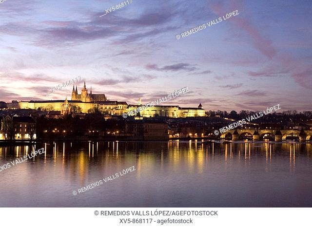 Czech Republic. Prague. Moldava river view and Castle in the backround. At right, Charles' brigde