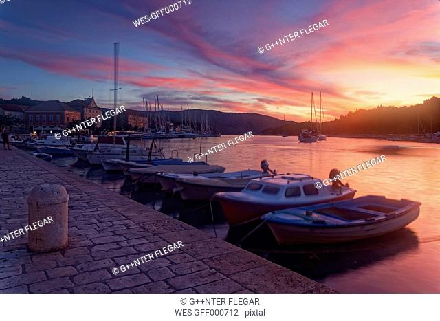 Croatia, Hvar Island, Stari Grad, Boats anchoring in the evening