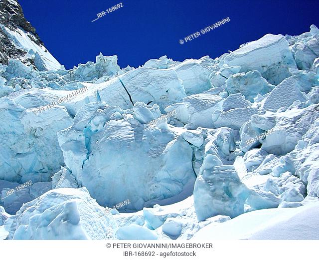 Bizarre ice sculptures of Khumbu Icefall above Base Camp, Mount Everest, Himalaya, Nepal