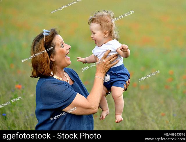 Grandmother with grandson, baby, 8 months, Baden-Wurttemberg, Germany