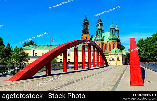 Poznan, Poland - June 5, 2015: Panoramic view of Ostrow Tumski island with Jordan Bridge over Cybina river and Poznan Cathedral of St. Peter and St