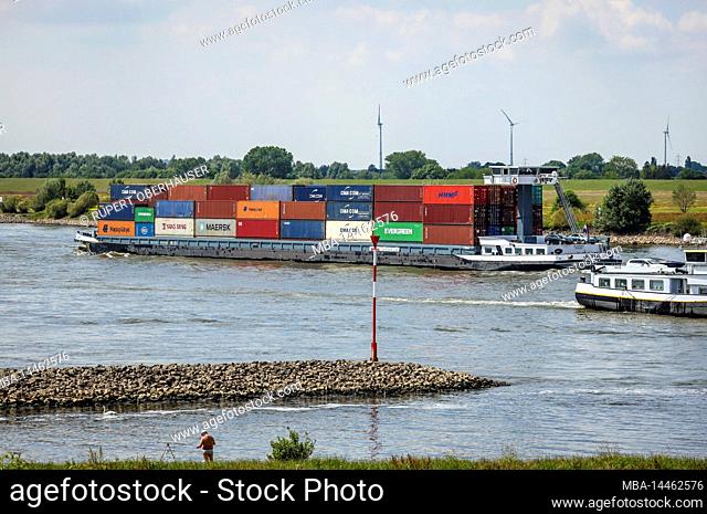 Container ship on the Rhine, Dinslaken, North Rhine-Westphalia, Germany