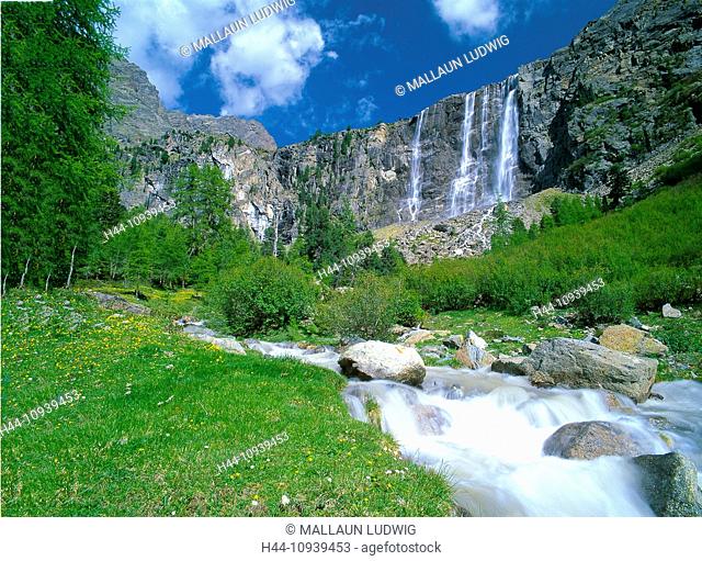 Austria, Europe, Tyrol, Kaunertal, Fendels, waterfall, water, mountain brook, Anton Renk Hütte, Anton Renk, falls, cliff wall, oetztal, Alps, sky, nature