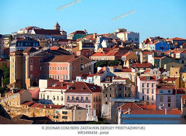The residential houses in the Pombaline Lower Town (Baixa) as seen from the observation platform of Santa Justa Lift. Lisbon. Portugal
