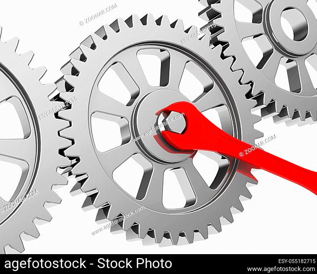 3d generated picture of a red wrench that is moving a gear wheel
