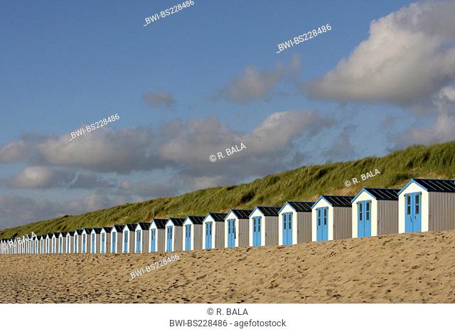 long row of beach huts, Netherlands, Texel, North Sea