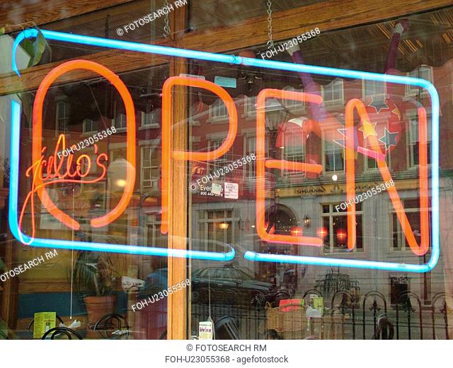 Montpelier, VT, Vermont, Neon Open sign, window, double exposure, Julio's Restaurant