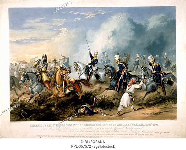 Battle of Chillianwallah Charge of the 3rd King's Own Light Dragoons at the Battle of Chillianwallah January 13th 1849. Coloured engraving