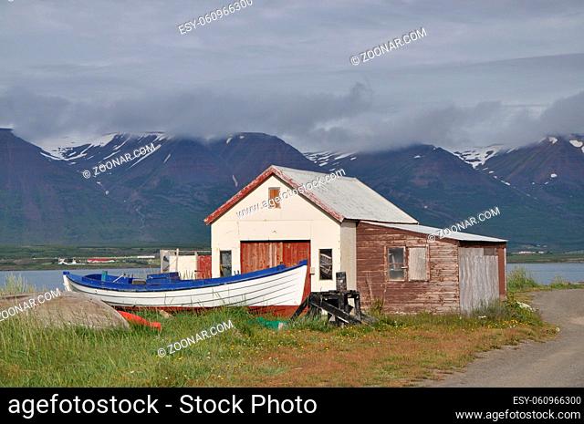 Svalbarðseyri , Akureyri, Island, svalbardseyri, fjord, eyjafjördur, bunt, berge, landschaft, nordisland, hütte, fischrhütte, haus, boot