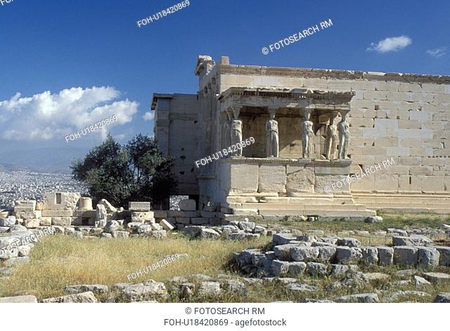 Athens, Greece, Europe, Acropolis, The Caryatids columns, the six maidens, which support the southern portico of the Erechtheion temple at the Acropolis