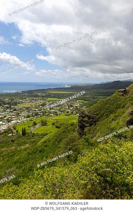 View of Kapaa from the Sleeping Giant hiking trail, also known as Nounou Mountain, a mountain ridge located west of the towns Wailua and Kapaa in the Nounou...