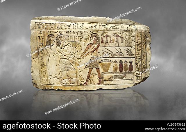 Ancient Egyptian stele showing Iti & Neferu receiving food offerings, First Intermediate Period, (2118-1980 BC), Gebelein, Tomb of Iti & Neferu, Egyptian Museum