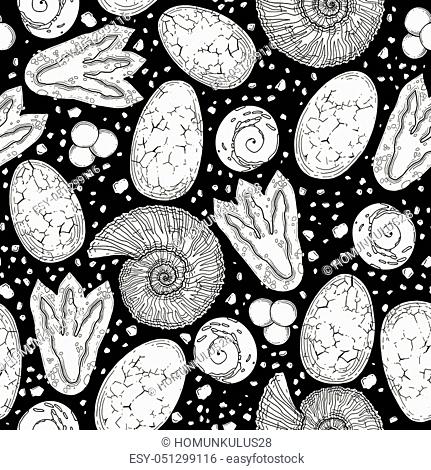 Prehistoric graphic collection of dinosaur body parts, fossils and plants. Vector seamless pattern drawn in engraving technique