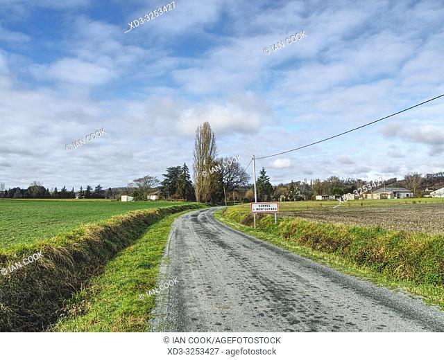 country road approaching Serres-et-Montguyard, Lot-et-Garonne Department, Nouvelle Aquitaine, France