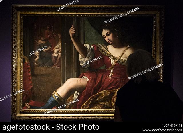 (NO SALE OR LICENSE FOR MUSEUMS AND PUBLIC EXHIBITIONS) ELISABETTA SIRANI WITH WOUNDING HER THIGH (1664) DETAILS EXHIBITION MAESTRAS THYSSEN BORNENISZA NATIONAL...