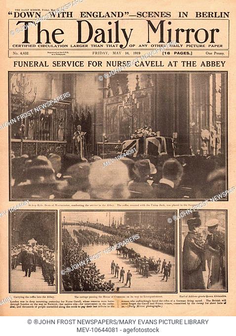 Nurse Edith Cavell, funeral service in Westminster Abbey, London, as reported on the front page of the Daily Mirror