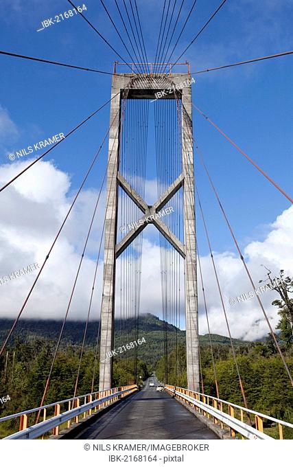 Suspension bridge on lake Lago Yelcho, Carretera Austral, Ruta CH7 road, Panamerican Highway, Cisnes, Los Lagos Region, Patagonia, Chile, South America, America