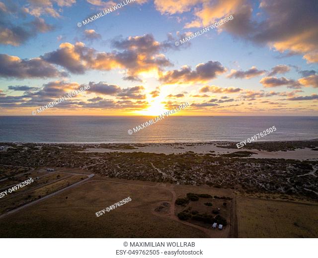 Aerial photo of the colorful sunset at the coast of Western Australia, Geraldton