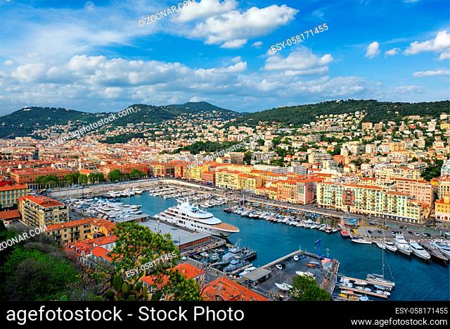 View of Old Port of Nice with luxury yacht boats from Castle Hill, France, Villefranche-sur-Mer, Nice, Cote d'Azur, French Riviera