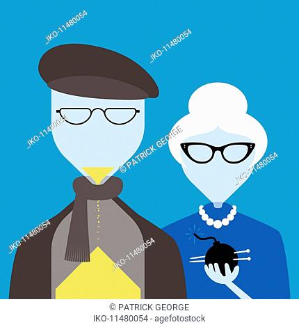 Elderly man and woman with time bomb and sand running out of hourglass