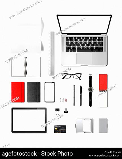 Office desk branding mockup top view isolated on white. Blank space