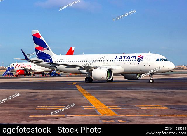 Lima, Peru ? February 2, 2019: LATAM Airbus A320neo airplane at Lima airport (LIM) in Peru