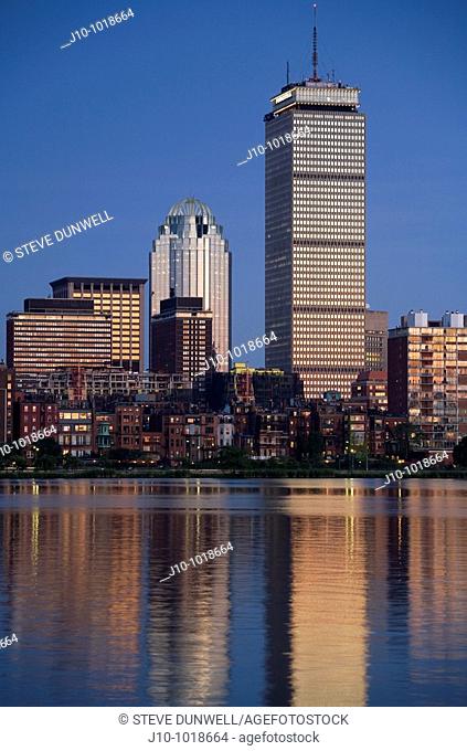 Prudential tower, Back Bay skyline at sunset across Charles river, Boston, Massachusetts, USA