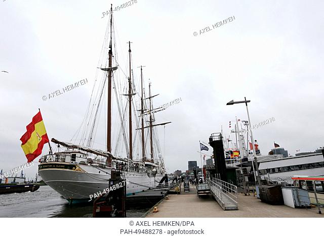 Ttraining ship Juan Sebastian de Elcano of the Spanish navy at the Ueberseebruecke (lit. Overseas Bridge) in Hamburg, Germany, 19 June 2014