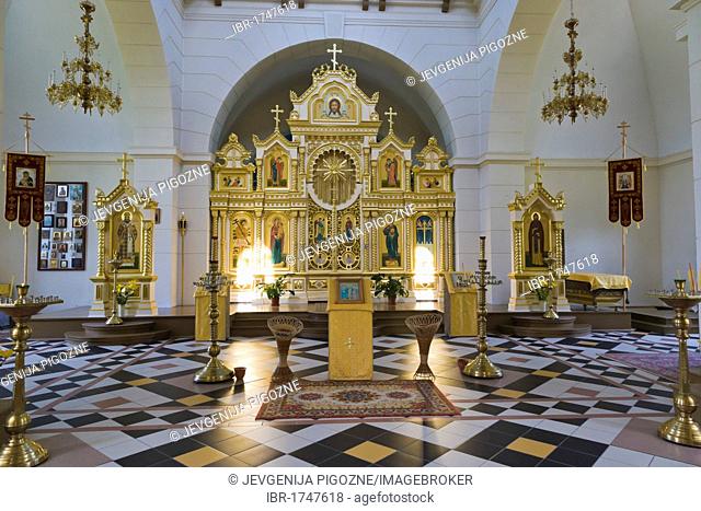 Interior of Stamerienas Sveta Nevas Knaza Aleksandra Baznica, Orthodox Church of St Alexander Nevsky, Stameriena, Gulbene Municipality, Vidzeme, Latvia