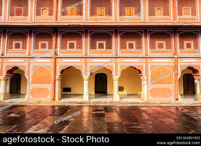 Courtyard walls and architectural features taken close up in Sarvato Bhadra or Diwan e Khas in City Palace, Jaipur, India